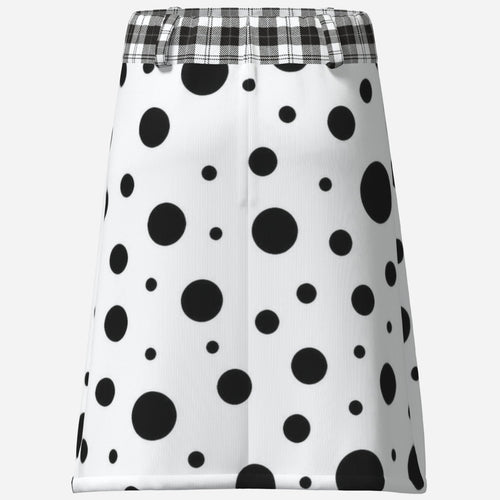 Shop the Teddy Blaze Polka Plaid A-Line Skirt, a black-and-white Afrodemia Americana design mixing bold polka dots, plaid and Black Ivy style.