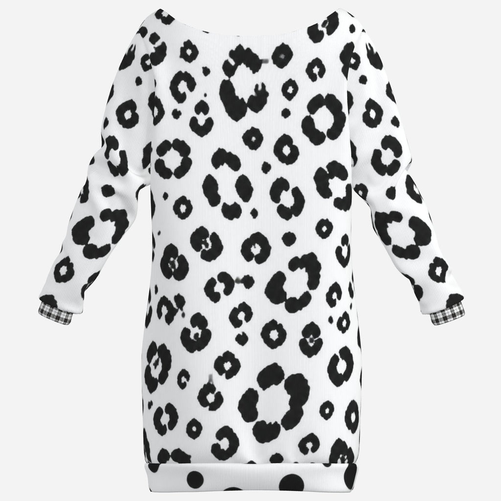 Teddy Blaze Snow Leopard Off-the-Shoulder Hip Dress in black and white with plaid neckline and cuff trim