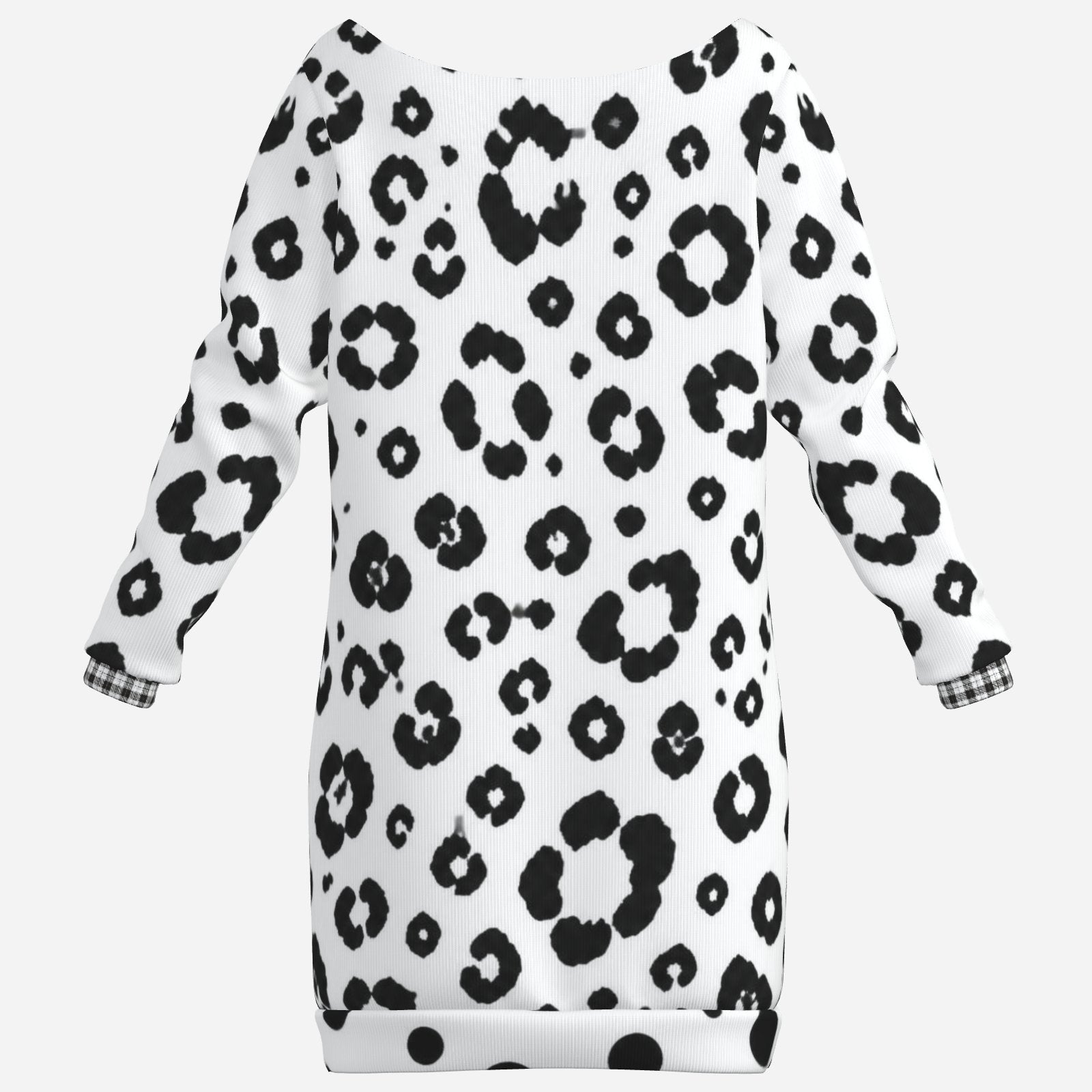 Teddy Blaze Snow Leopard Off-the-Shoulder Hip Dress in black and white with plaid neckline and cuff trim