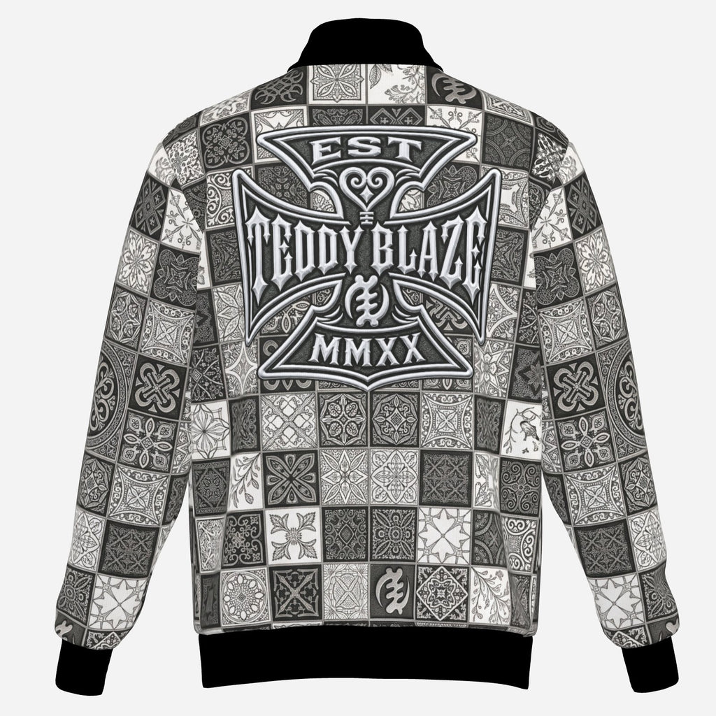 Teddy Blaze Sankofa Cruz Check Bomber Jacket with black white and grey African-inspired symbolic patchwork