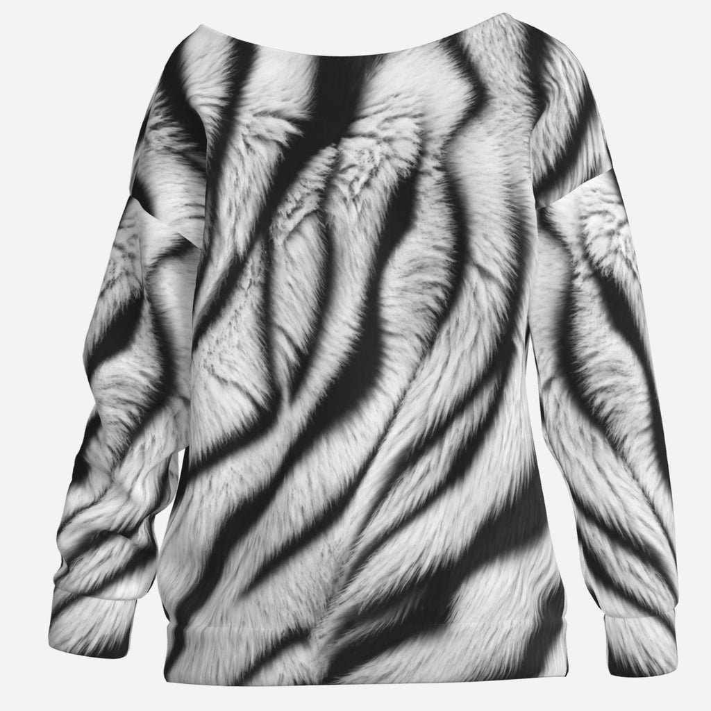 Teddy Blaze Zebra Trompe L'oeil Off the Shoulder Jumper with dimensional black and white faux fur zebra print