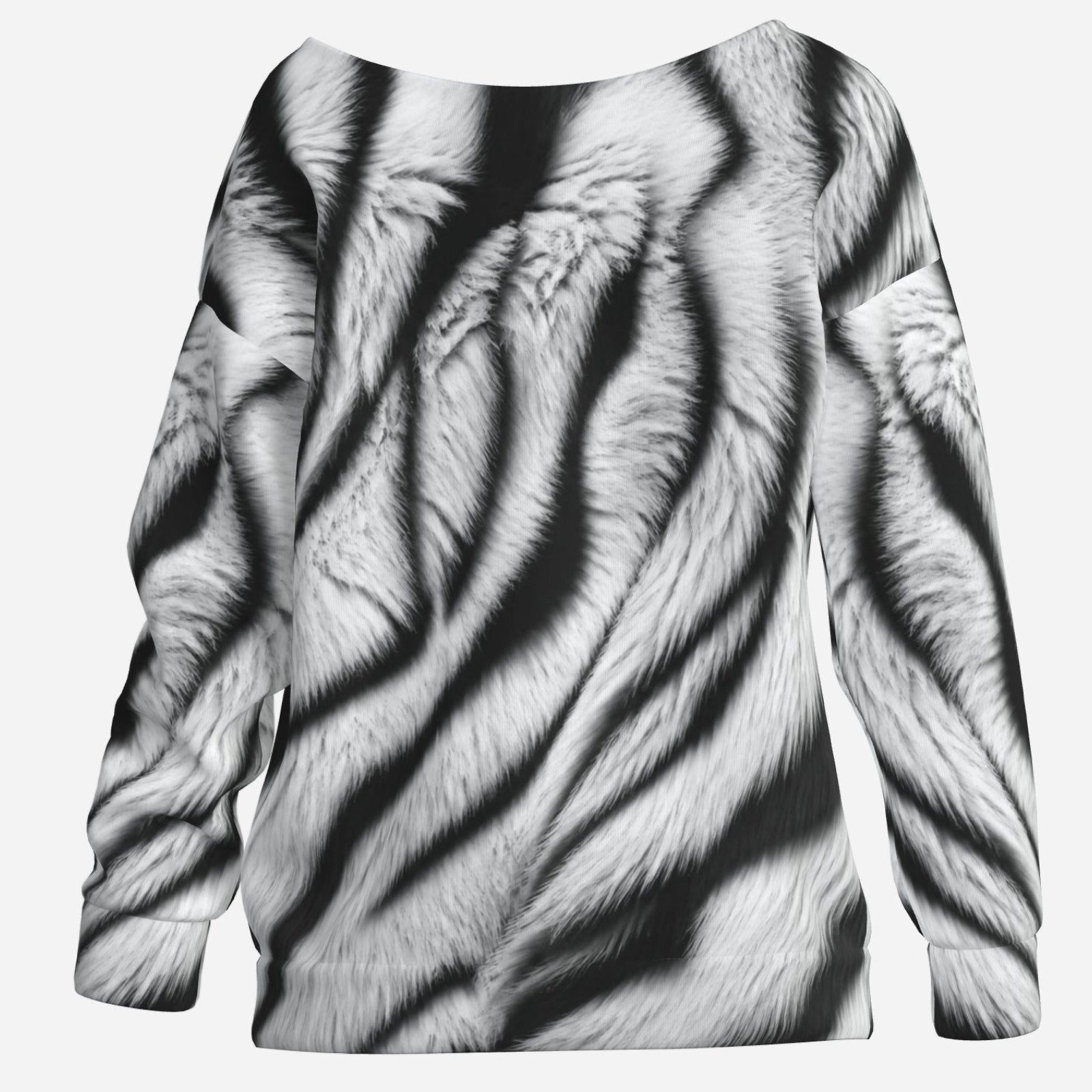 Teddy Blaze Zebra Trompe L'oeil Off the Shoulder Jumper with dimensional black and white faux fur zebra print