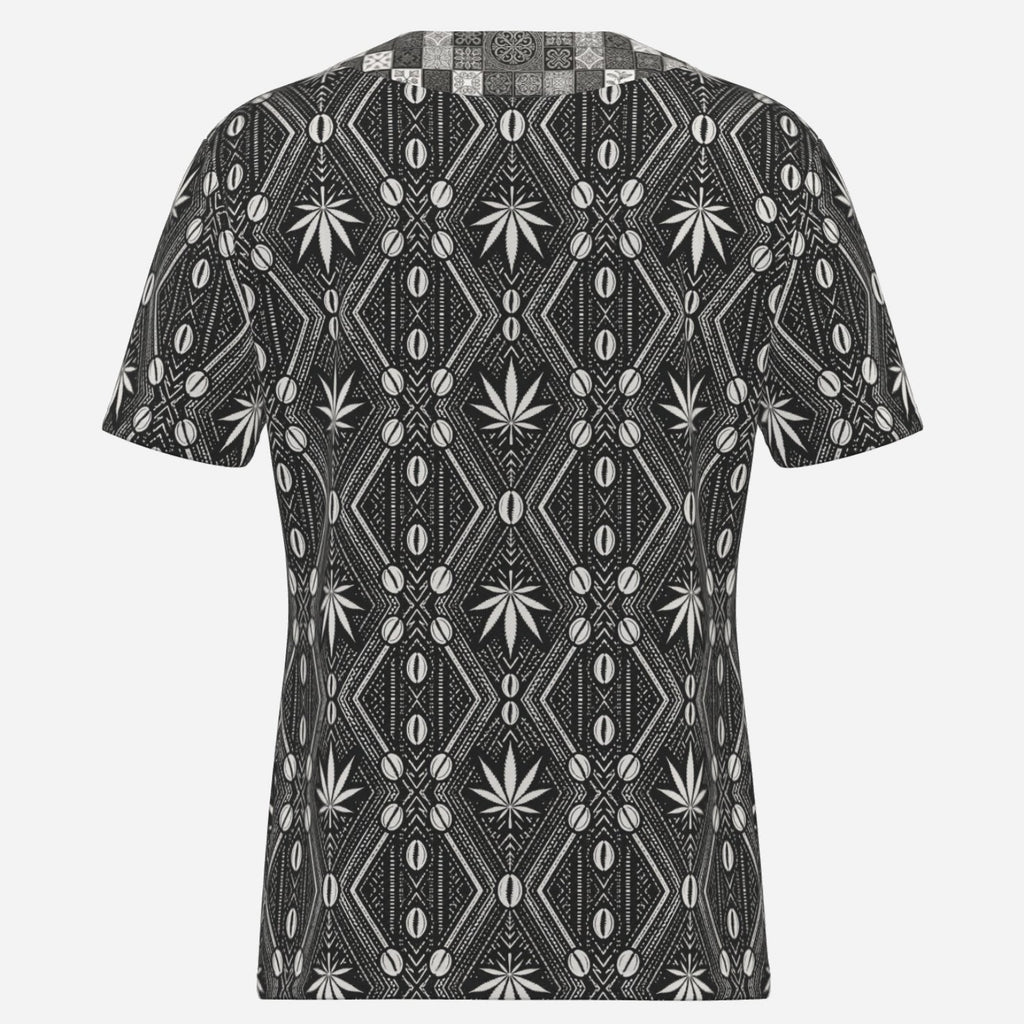Teddy Blaze DaChek Check Notch Collar Tee with black and white African-inspired cowrie shell and cannabis leaf pattern