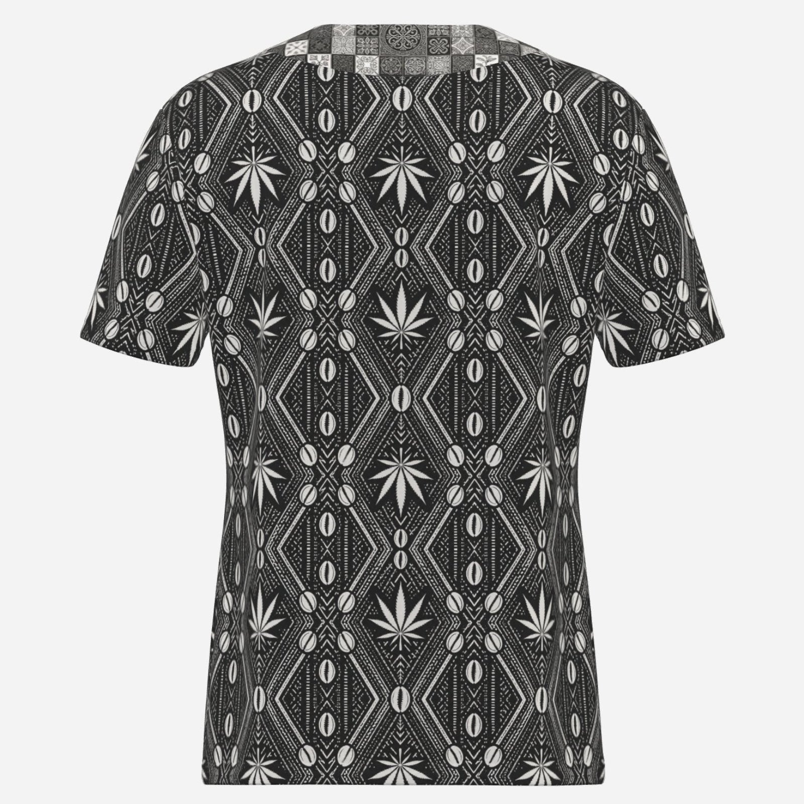 Teddy Blaze DaChek Check Notch Collar Tee with black and white African-inspired cowrie shell and cannabis leaf pattern