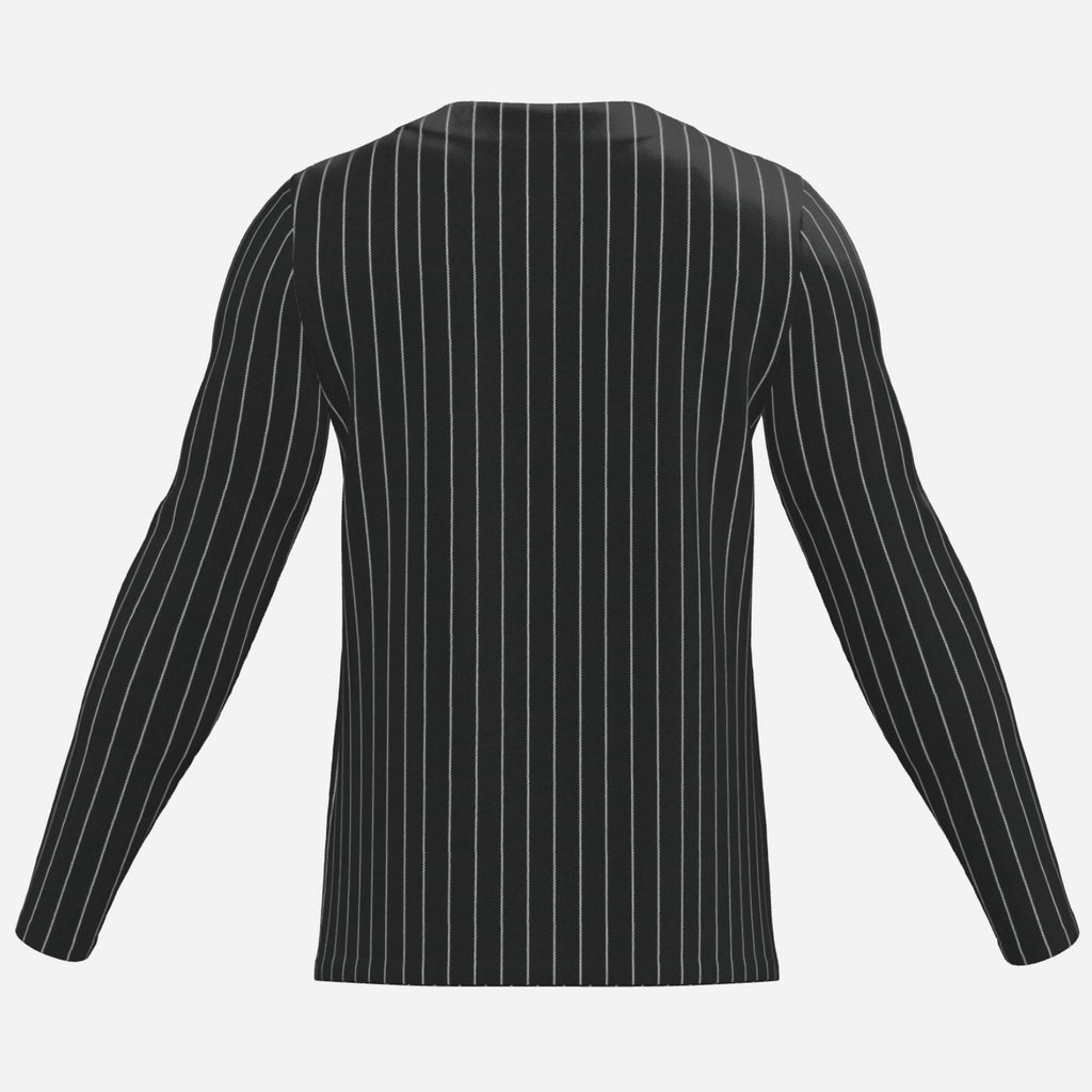 Shop the Men's Pinstriped Notch Neck Jumper by Teddy Blaze. Long-sleeve breathable mesh top featuring crisp vertical pinstripes and a notch neckline.
