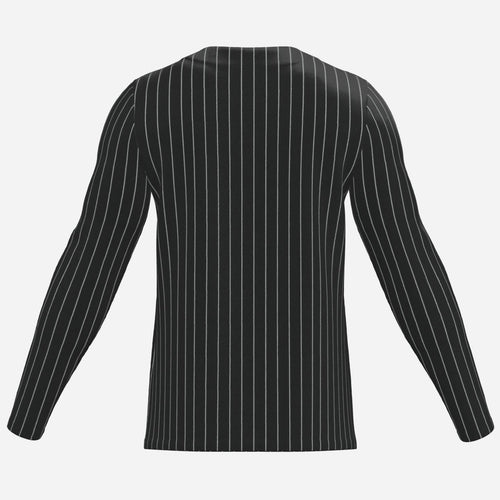 Shop the Men's Pinstriped Notch Neck Jumper by Teddy Blaze. Long-sleeve breathable mesh top featuring crisp vertical pinstripes and a notch neckline.