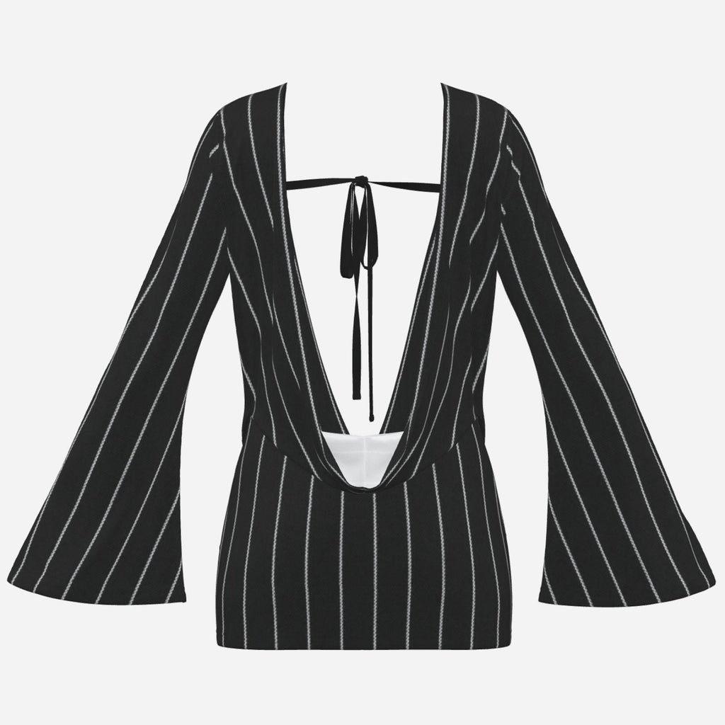 A dramatic pinstriped mini dress with a plunging V-neck, open back, flared long sleeves and curve-skimming fit. Teddy Blaze tailoring after dark.