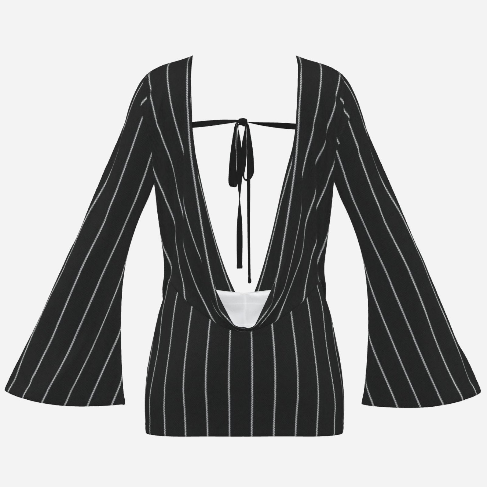 A dramatic pinstriped mini dress with a plunging V-neck, open back, flared long sleeves and curve-skimming fit. Teddy Blaze tailoring after dark.