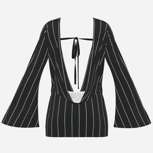 A dramatic pinstriped mini dress with a plunging V-neck, open back, flared long sleeves and curve-skimming fit. Teddy Blaze tailoring after dark.