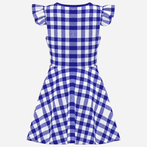 Shop the Gingham Flutter Sleeve Dress by Teddy Blaze. Soft medium-stretch A-line dress featuring blue gingham check and flutter sleeves from THE NEW IVY.