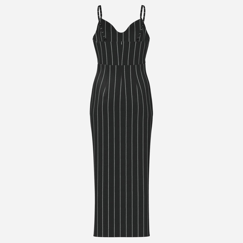 Shop the Pinstriped High Slit Cami Dress by Teddy Blaze. Lightweight micro-faille V-neck maxi dress with a thigh slit from THE IVY WOMAN collection.