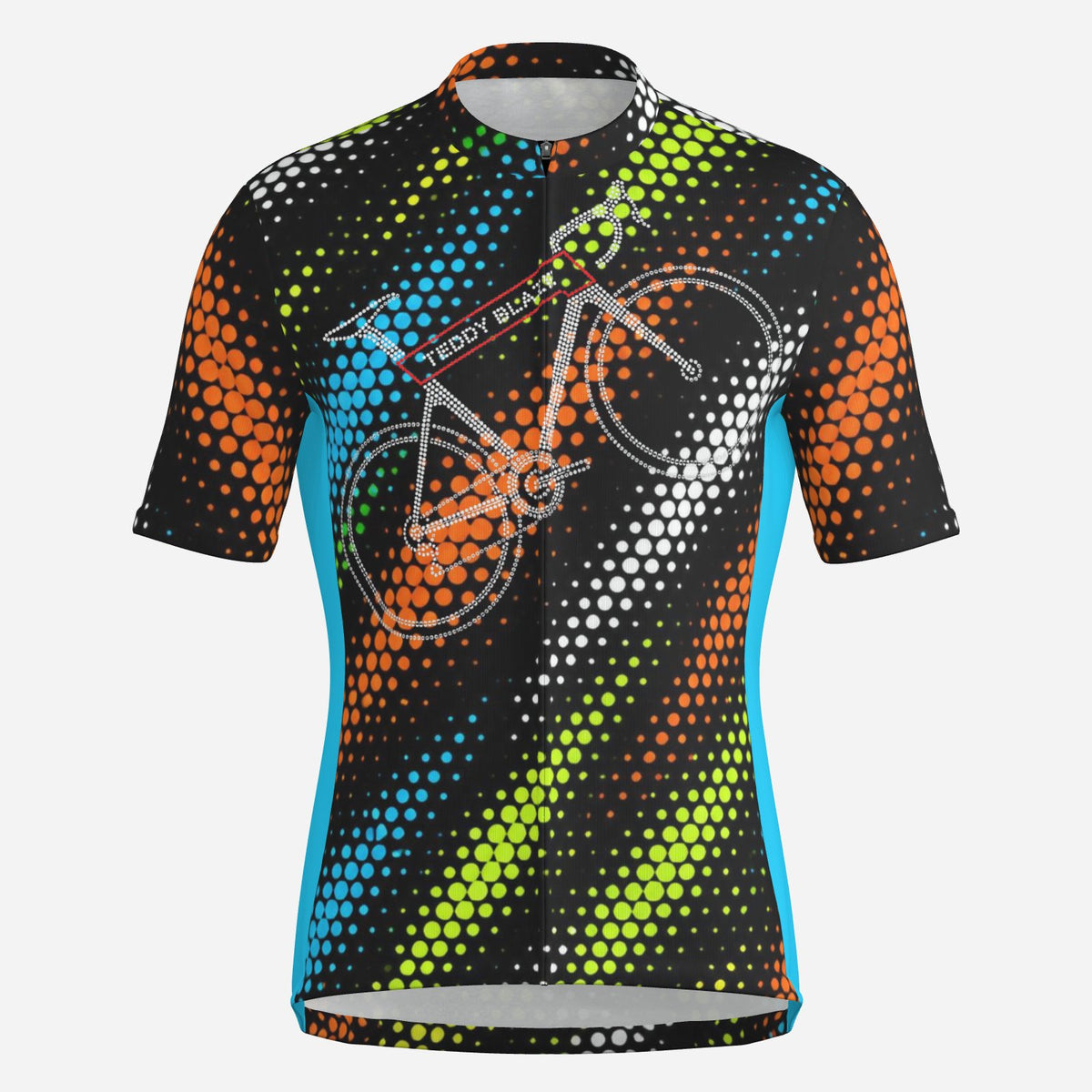 Shop the Changing Lanes Cycling Jersey by Teddy Blaze. High-performance aerodynamic knit featuring vibrant halftone dot artwork and a full front zip.