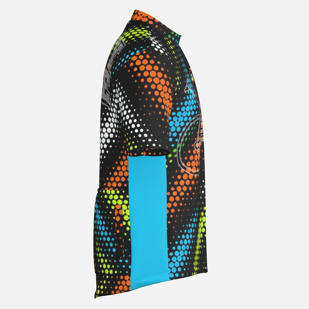 Shop the Changing Lanes Cycling Jersey by Teddy Blaze. High-performance aerodynamic knit featuring vibrant halftone dot artwork and a full front zip.