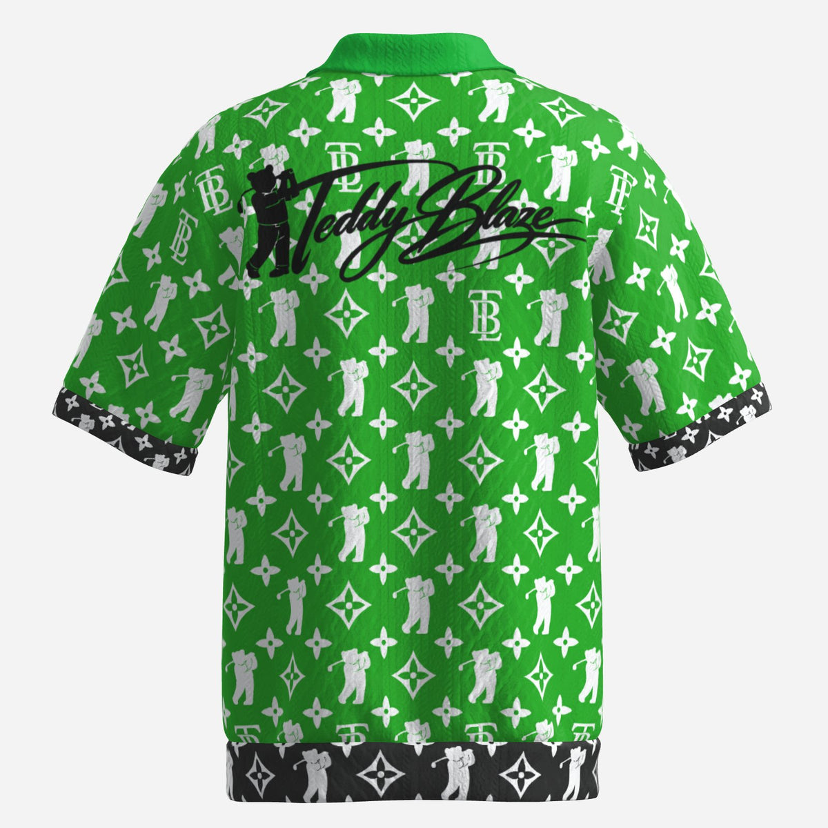 Shop the Iron + Ivy Fairway Signature Monogram Golf Shirt by Teddy Blaze. Premium 270 GSM jacquard performance stretch polo with all-over RIG-B monogram and contrast cuffs.