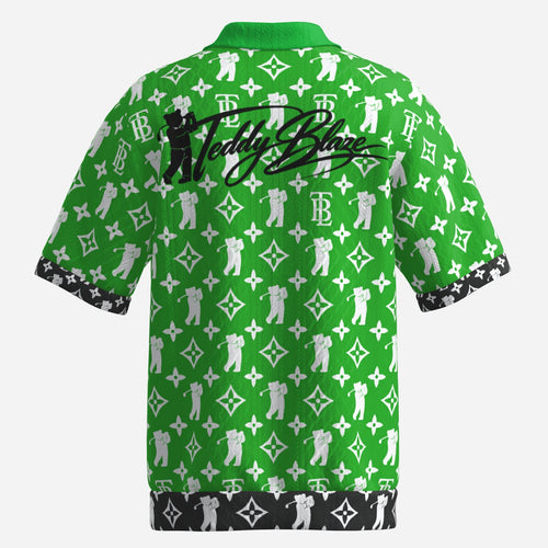 Shop the Iron + Ivy Fairway Signature Monogram Golf Shirt by Teddy Blaze. Premium 270 GSM jacquard performance stretch polo with all-over RIG-B monogram and contrast cuffs.