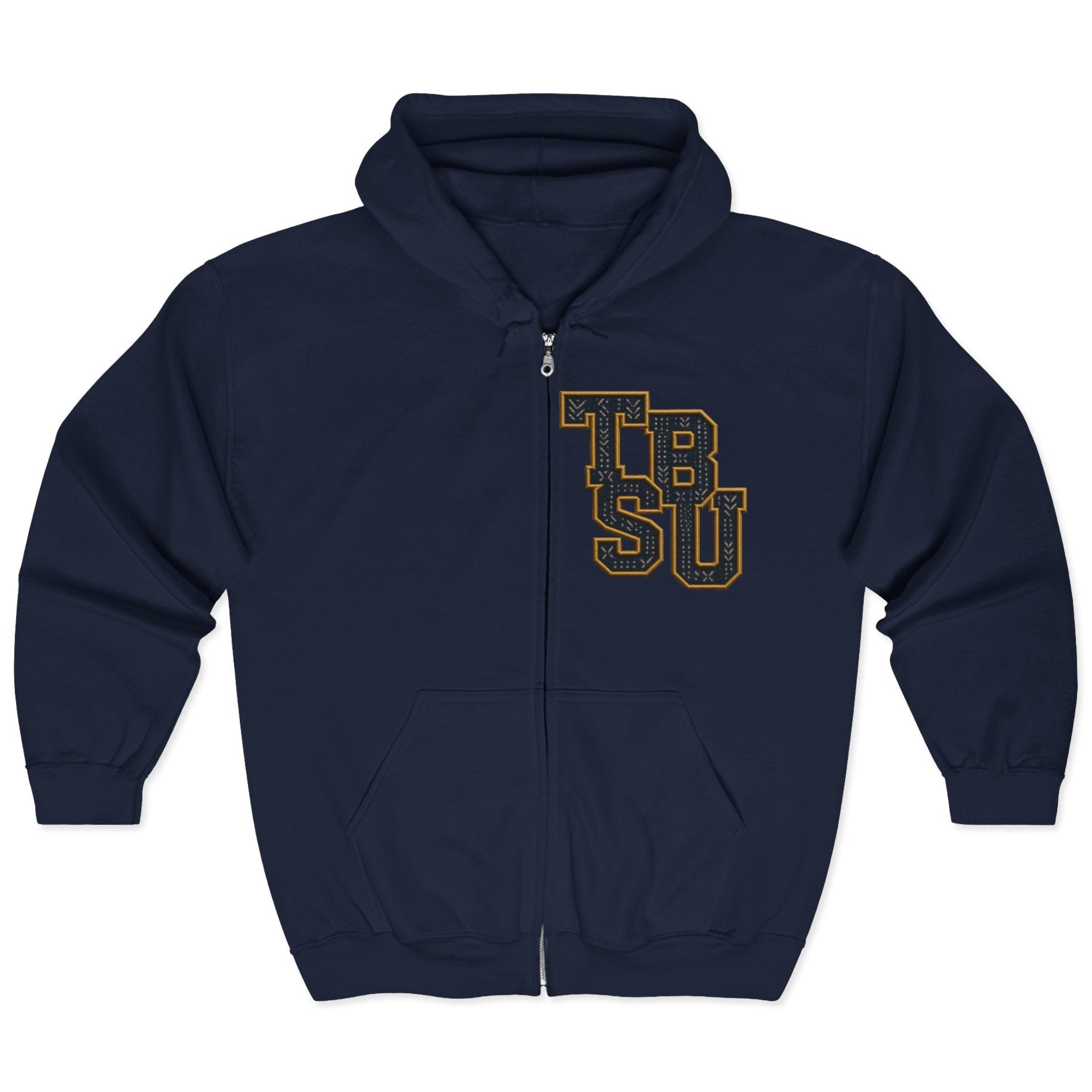 Navy blue hoodie with green broccoli graphics on a white background
