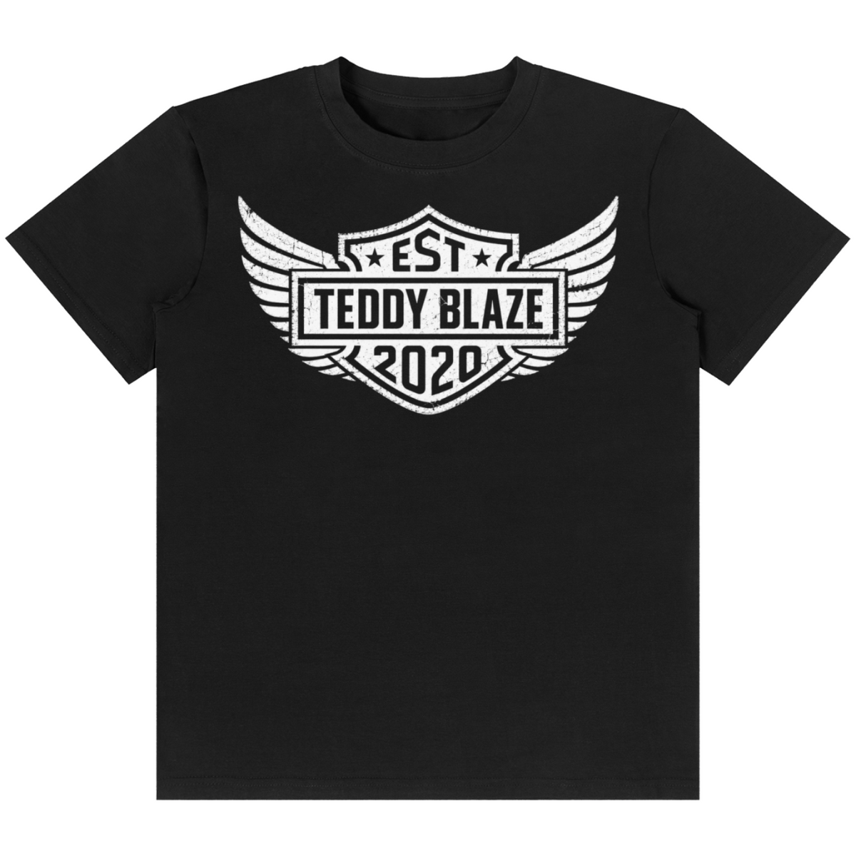 A black short-sleeve crewneck t-shirt with a white graphic print on the chest featuring wings and the text 'EST. TEDDY BLAZE 2020'.