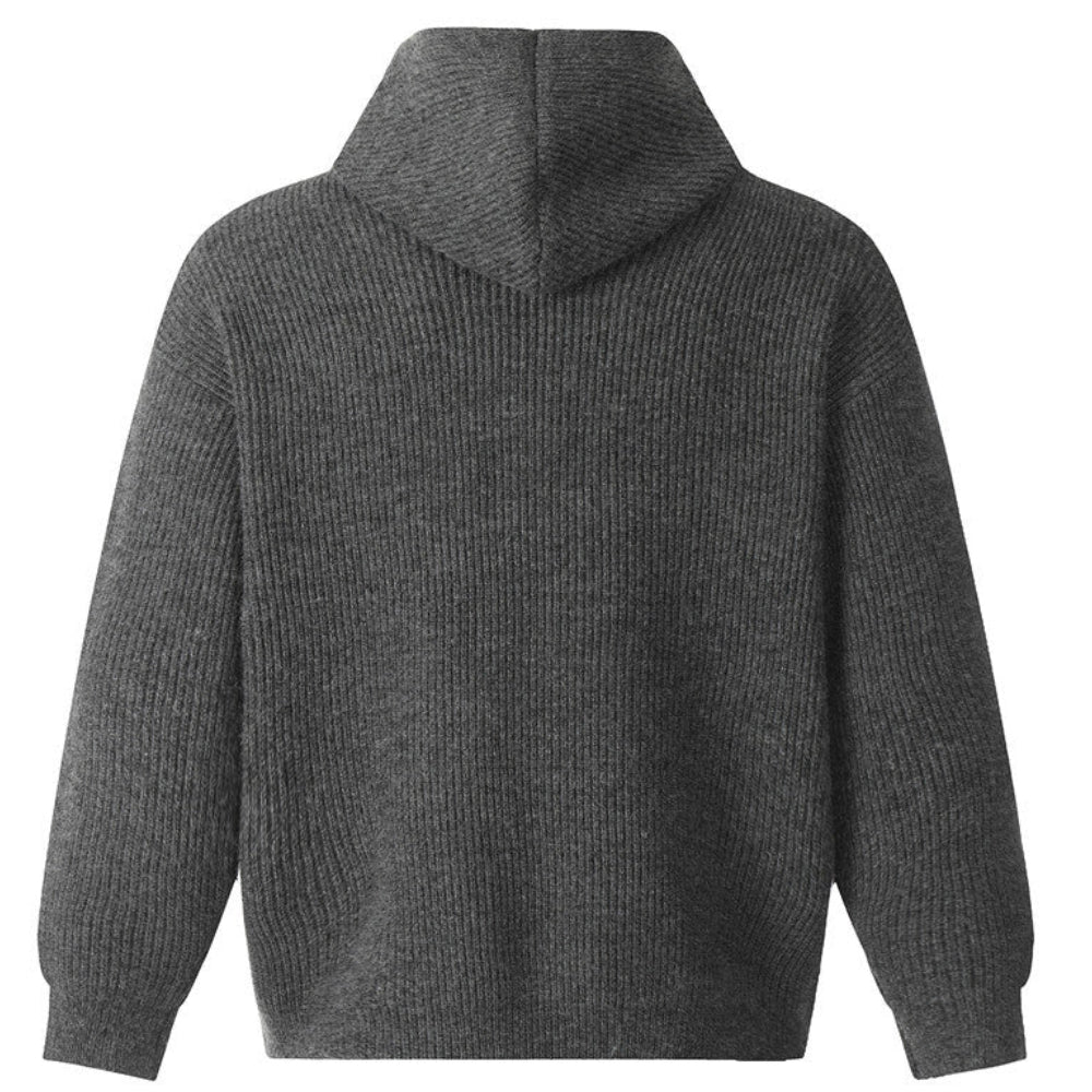 Shop the Iron + Ivy High-Neck Ribbed Knit Full-Zip Hoodie by Teddy Blaze. Heavyweight dark charcoal and jet black ribbed acrylic knit hoodie with a full-zip stand collar.