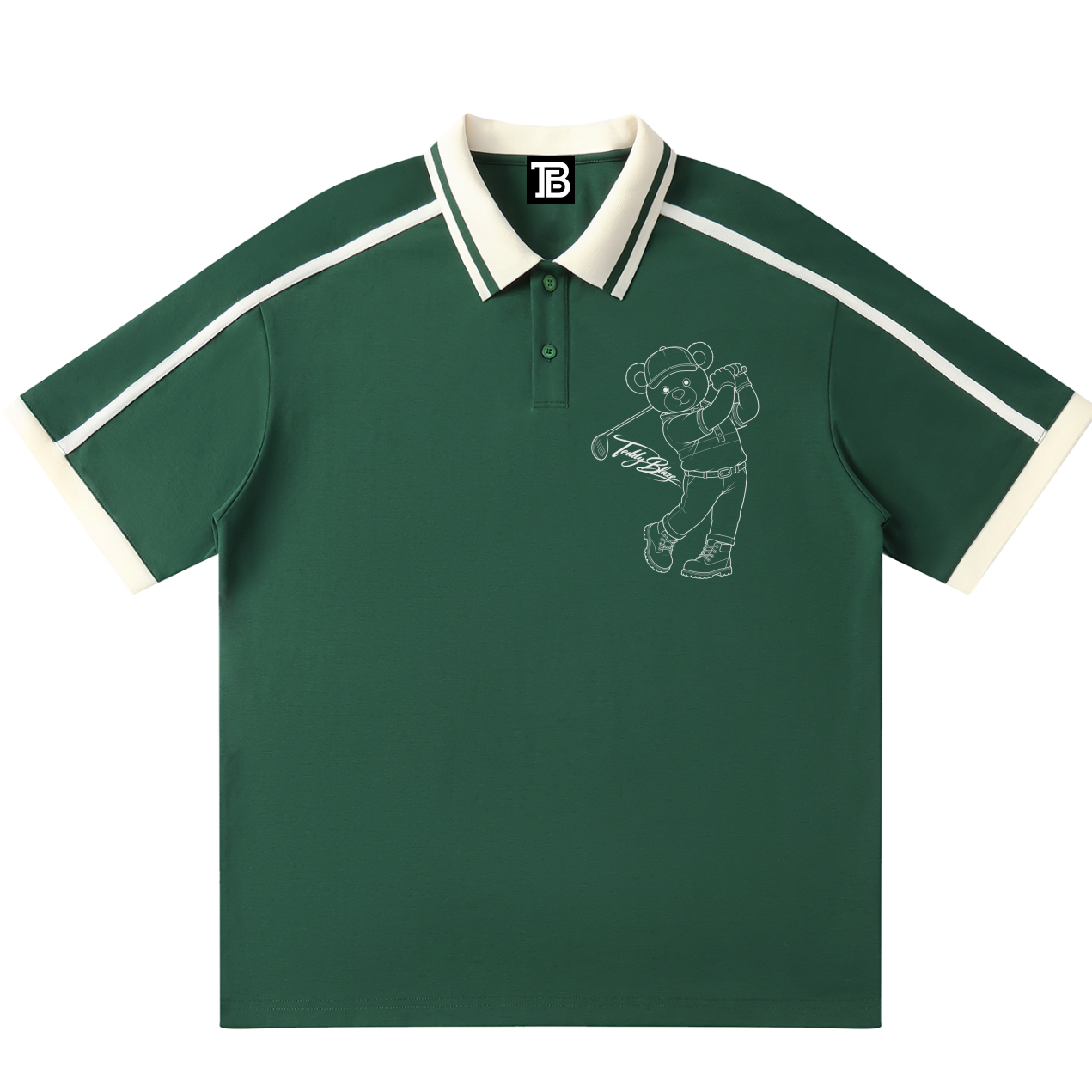 Green polo shirt with white trim and bear graphic on a white background