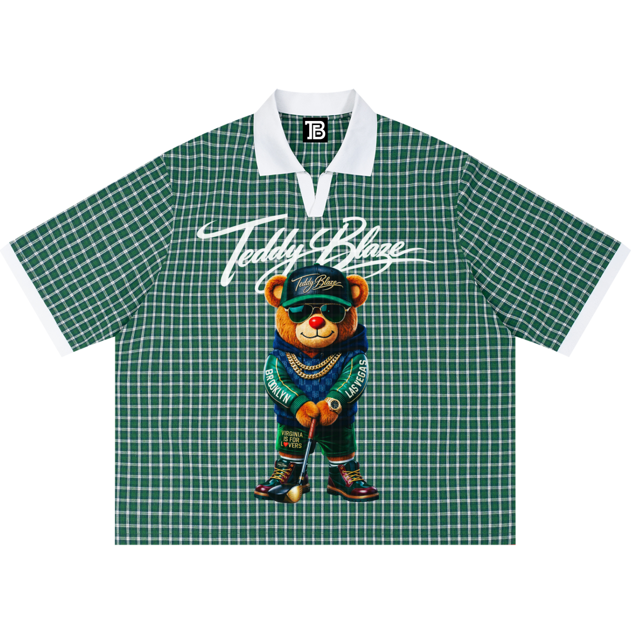 Green checkered shirt with teddy bear graphic and 'Teddy Blaze' text on a white background