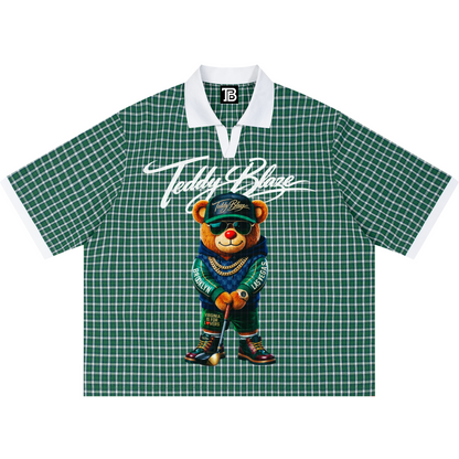 Green checkered shirt with teddy bear graphic and 'Teddy Blaze' text on a white background