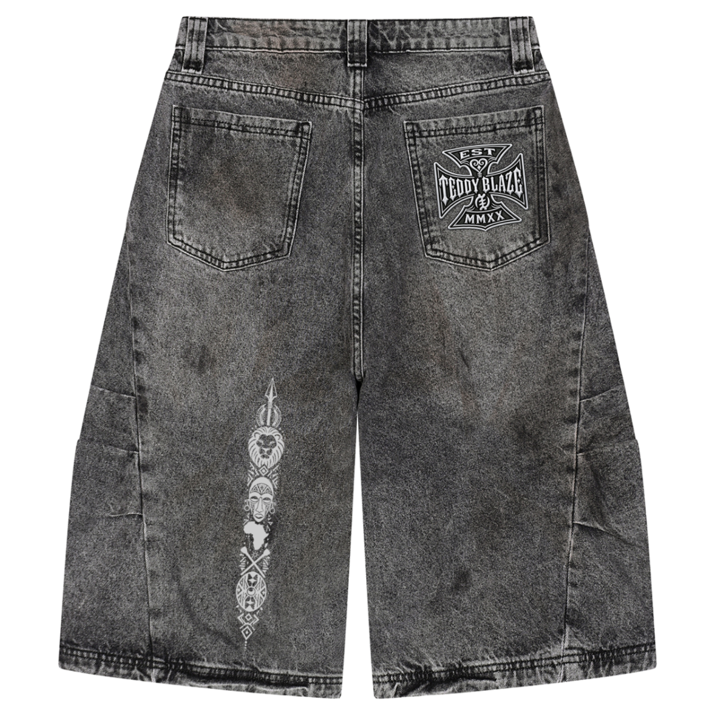 Heavyweight vintage-wash denim jorts from Teddy Blaze featuring a relaxed long silhouette, Afrodemia iconography and signature DaCruz detailing