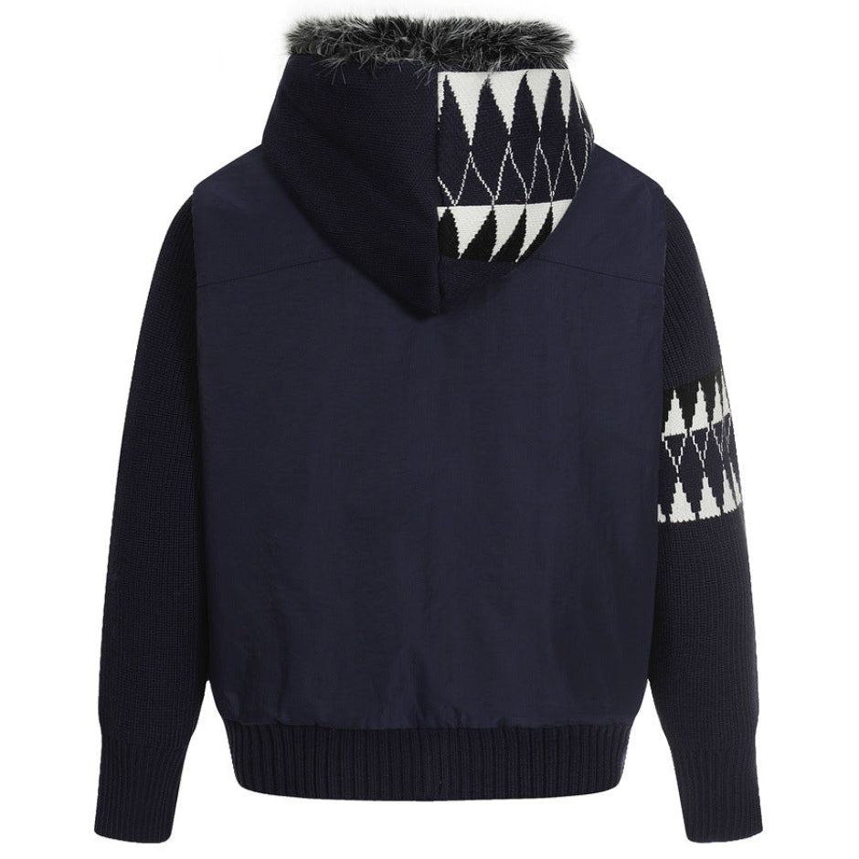 Elevate your luxury outerwear with the House of Teddy Blaze Hybrid Knit Faux Fur Hooded Jacket. Navy blue nylon and ribbed knit hybrid shell, insulated fill, faux fur hood lining, and geometric sleeve graphics. Shop NYC to Vegas style.