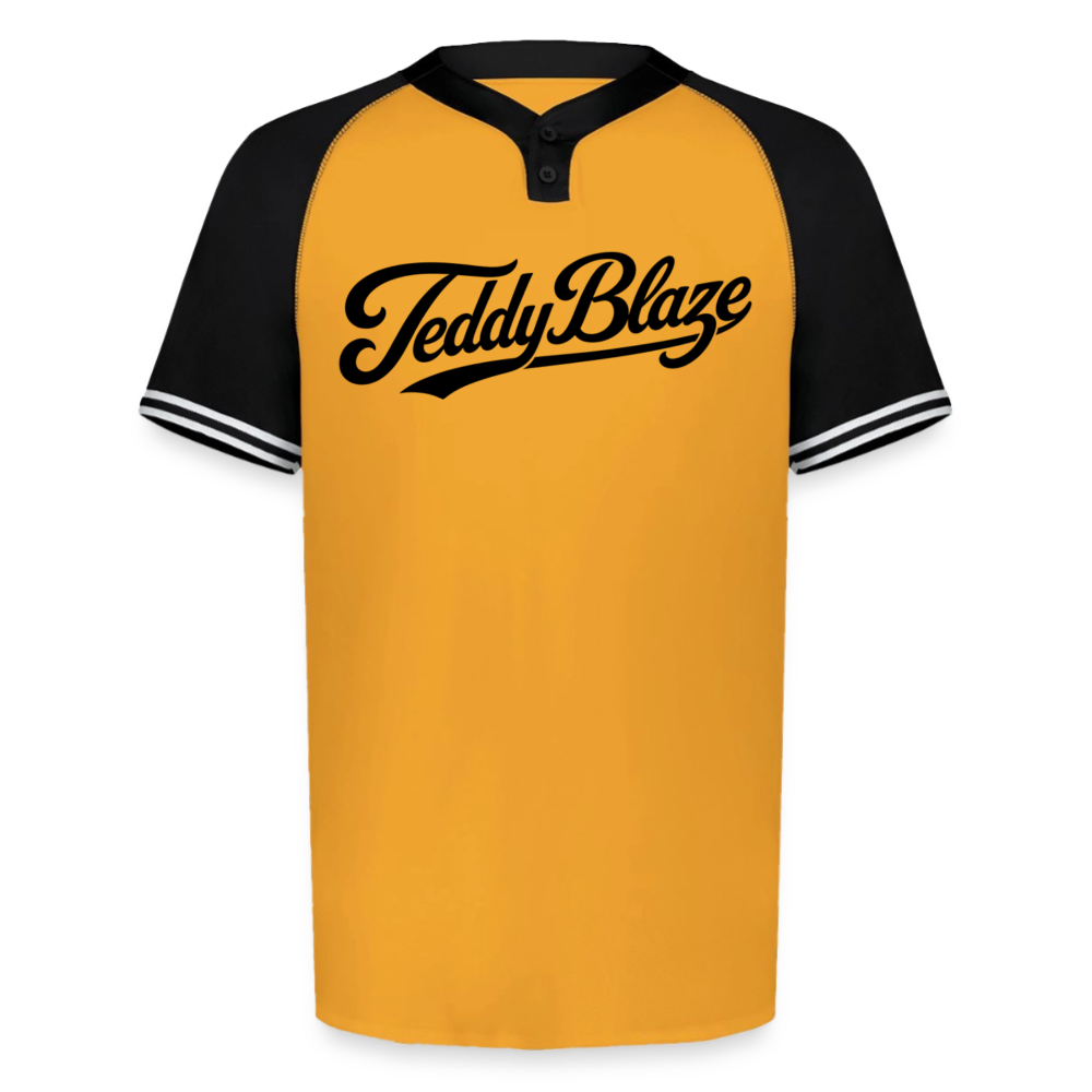 Gold and black Teddy Blaze Signature Performance Essential Henley Jersey featuring raglan sleeves, two-button placket, striped sleeve trim, and black script logo across the chest.