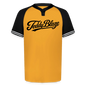 Gold and black Teddy Blaze Signature Performance Essential Henley Jersey featuring raglan sleeves, two-button placket, striped sleeve trim, and black script logo across the chest.
