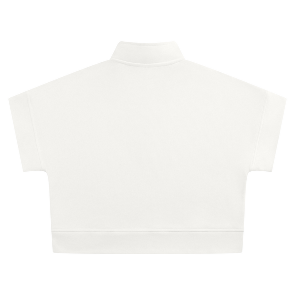 Shop the Signature Cropped Quarter-Zip by Teddy Blaze. Heavyweight white fleece short-sleeve crop top featuring gold script branding from THE BLAZE WOMAN.