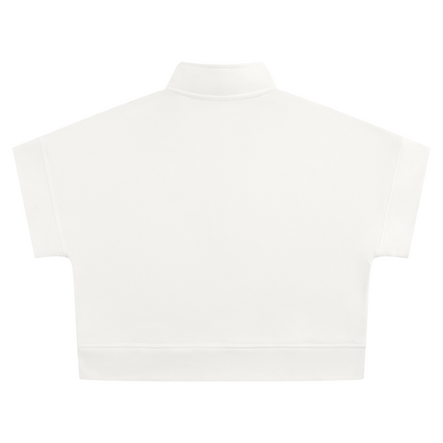 Shop the Signature Cropped Quarter-Zip by Teddy Blaze. Heavyweight white fleece short-sleeve crop top featuring gold script branding from THE BLAZE WOMAN.