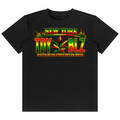 A black short-sleeve crewneck t-shirt featuring a colorful graphic on the chest. The graphic reads 'NEW YORK TDY BLZ' in a stylized red, yellow, and green font with a cannabis leaf in the center, and 'RASTA BEAR STREETWEAR MMXX' printed below.