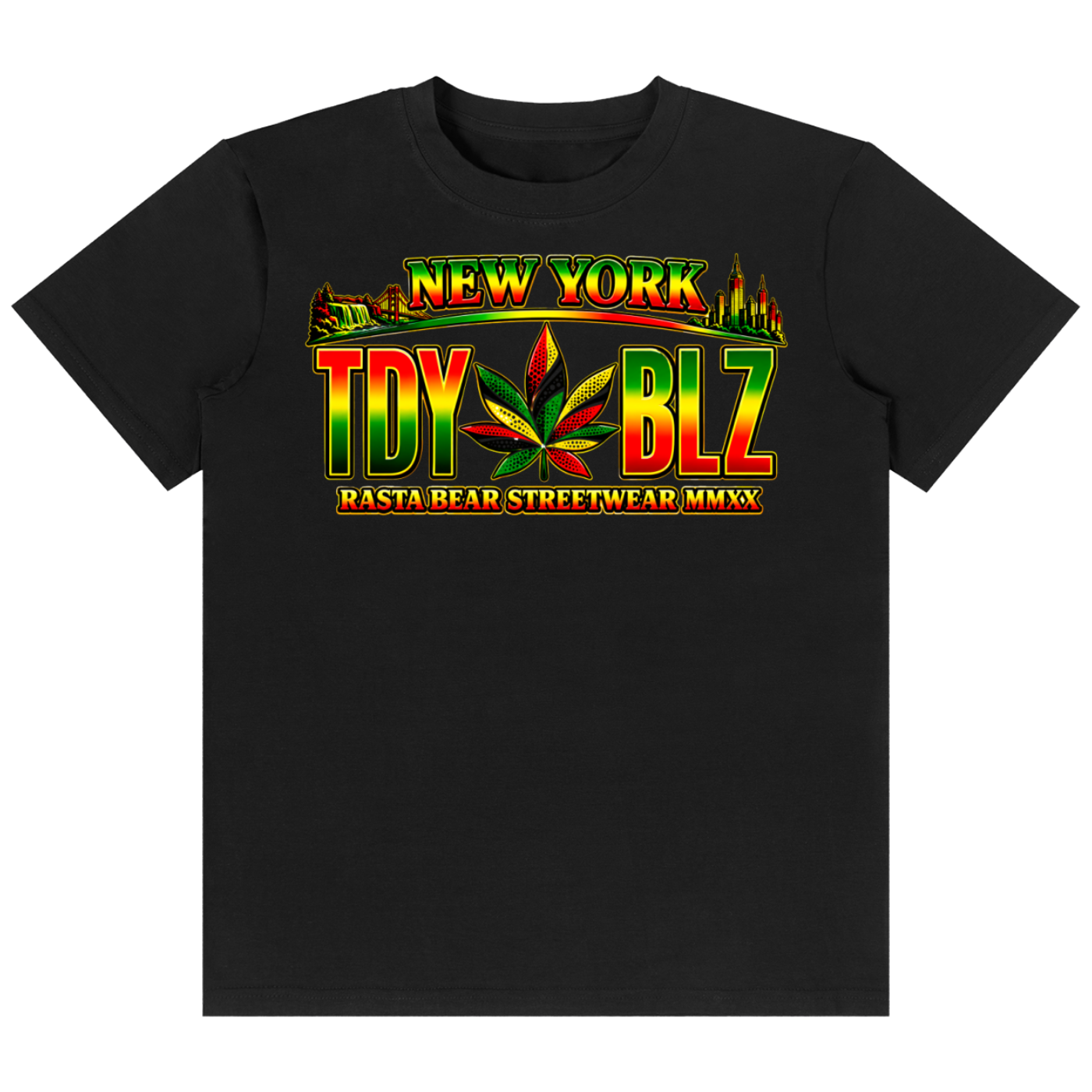 A black short-sleeve crewneck t-shirt featuring a colorful graphic on the chest. The graphic reads 'NEW YORK TDY BLZ' in a stylized red, yellow, and green font with a cannabis leaf in the center, and 'RASTA BEAR STREETWEAR MMXX' printed below.