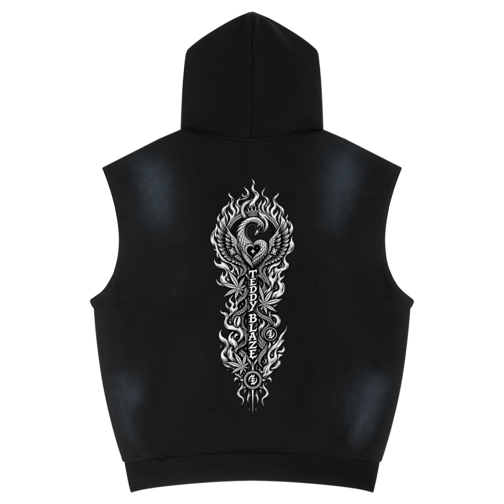 Heavyweight vintage-wash sleeveless hoodie with metal grommets, sun-faded finish and ornate Teddy Blaze graphics. Afrodemia Americana by Teddy Blaze.