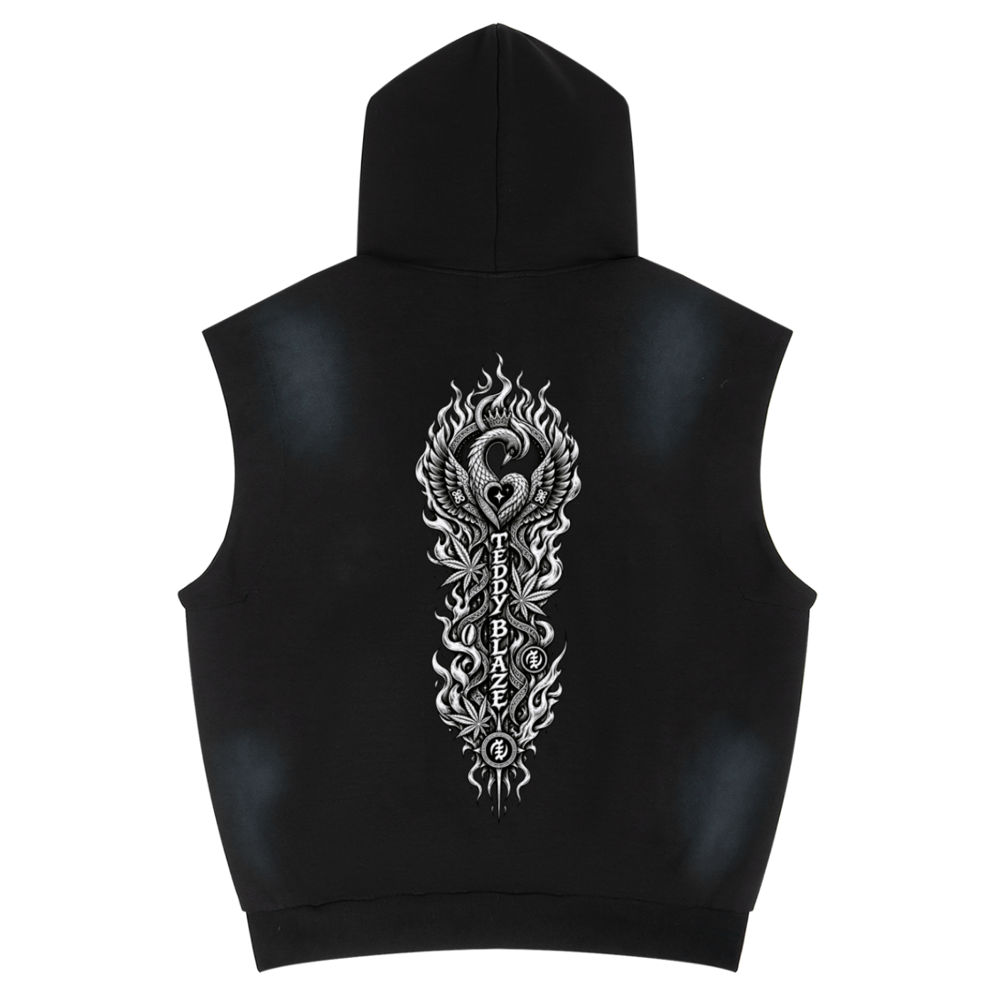 Heavyweight vintage-wash sleeveless hoodie with metal grommets, sun-faded finish and ornate Teddy Blaze graphics. Afrodemia Americana by Teddy Blaze.