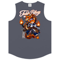 A sleeveless dark gray tank top featuring a large graphic of a fiery orange bear character with a sword and flames, under the text 'Teddy Blaze'.