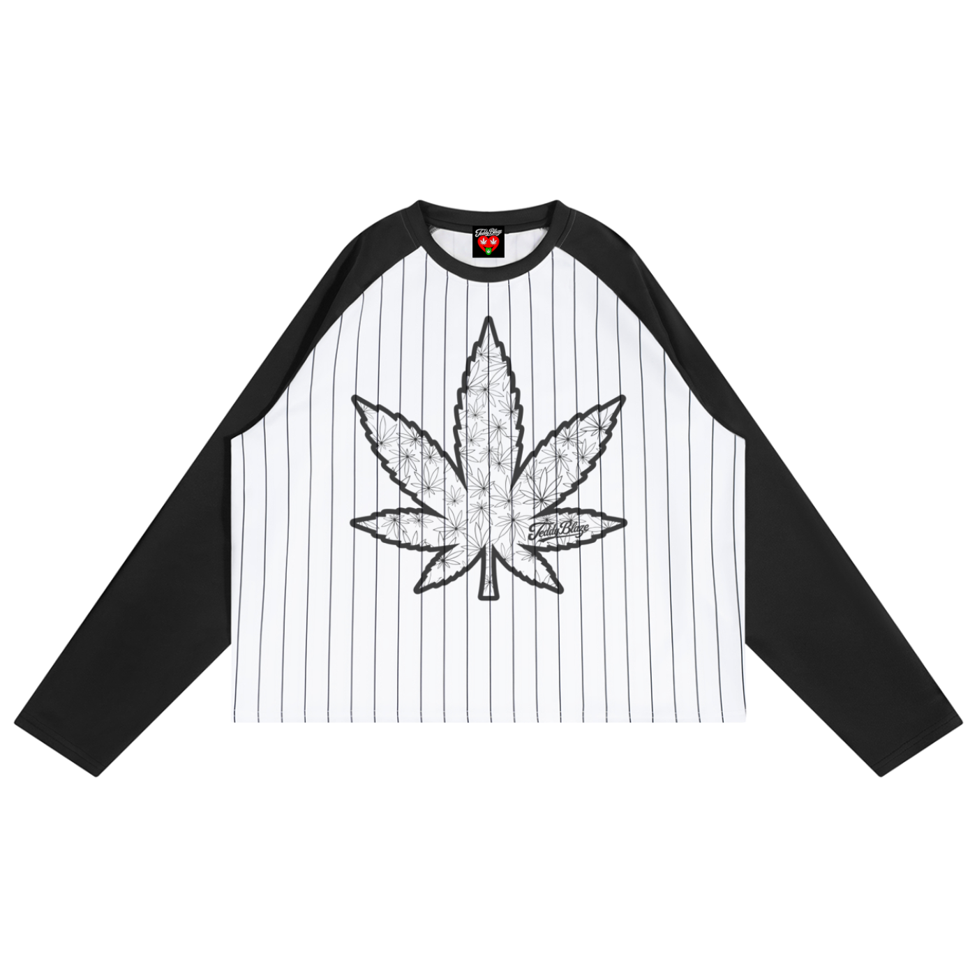 A long-sleeve raglan shirt with a white body featuring thin black pinstripes, black sleeves, and a large distressed black cannabis leaf graphic printed on the chest.
