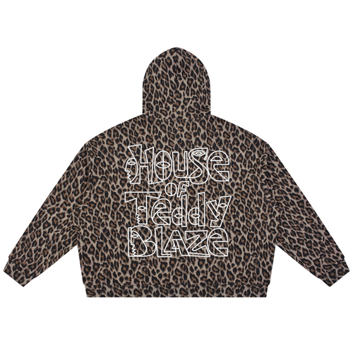 A cropped hoodie with a brown and black leopard print pattern, featuring the text 'House of Teddy Blaze' in a white outline font on the back.