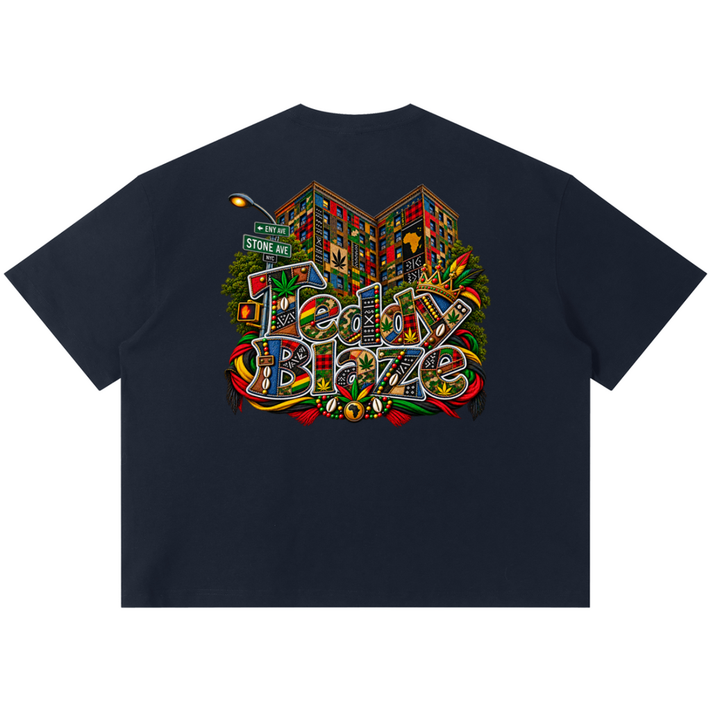 Shop the Teddy Blaze Boho ENY Sorona Boxy Tee, a relaxed unisex graphic tee featuring Teddy Blaze Boho and Brooklyn-inspired ENY artwork.