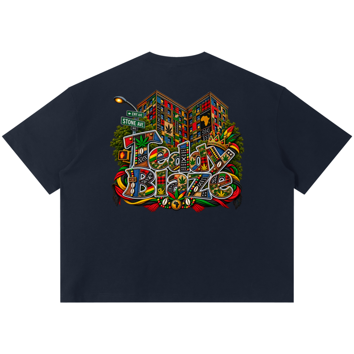 Shop the Teddy Blaze Boho ENY Sorona Boxy Tee, a relaxed unisex graphic tee featuring Teddy Blaze Boho and Brooklyn-inspired ENY artwork.