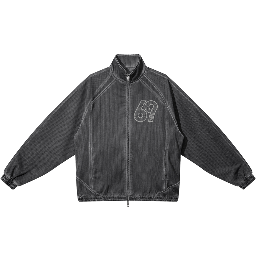 Black jacket with a logo on the chest against a white background