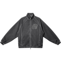 Black jacket with a logo on the chest against a white background