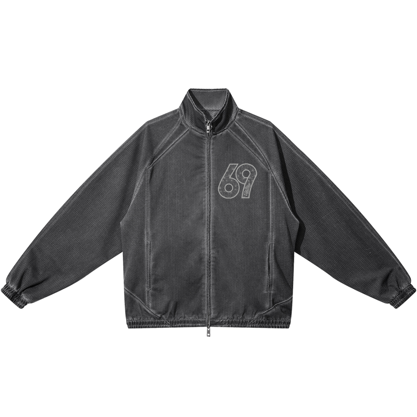 Black jacket with a logo on the chest against a white background