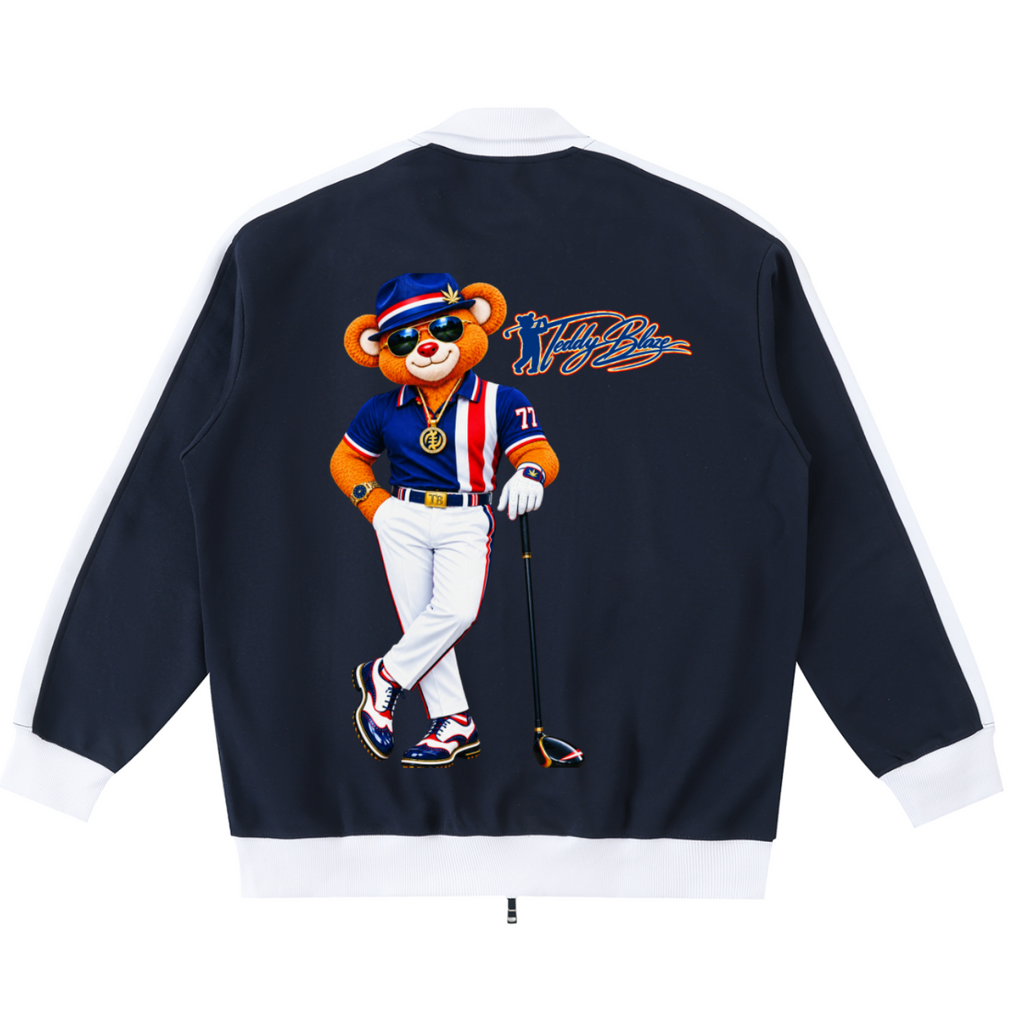 A navy blue bomber jacket with white ribbed trim on the collar, cuffs, and hem, featuring a large graphic of a cartoon bear golf player on the back.