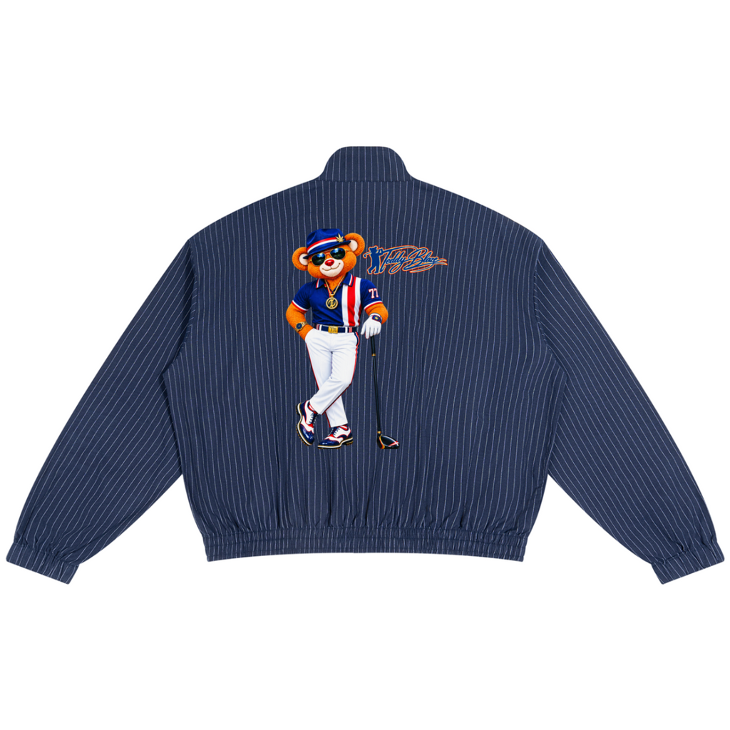 Shop the Signature Mr. Blaze Striped Golf Jacket by Teddy Blaze. 145 GSM navy pinstripe zip jacket with mascot back art from BLAZING THE ELEMENTS.