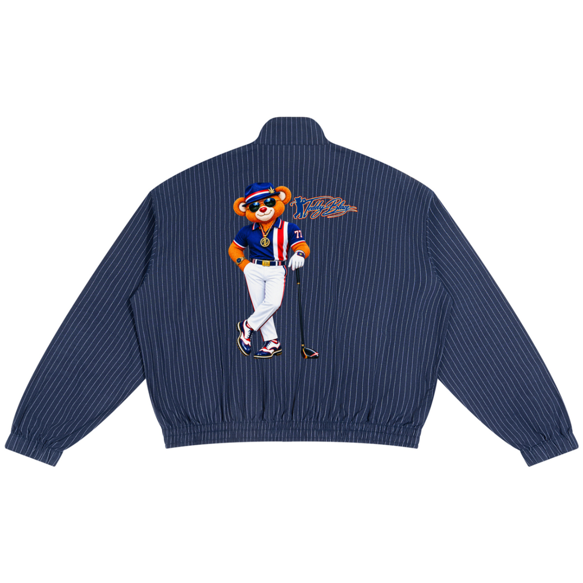 Shop the Signature Mr. Blaze Striped Golf Jacket by Teddy Blaze. 145 GSM navy pinstripe zip jacket with mascot back art from BLAZING THE ELEMENTS.