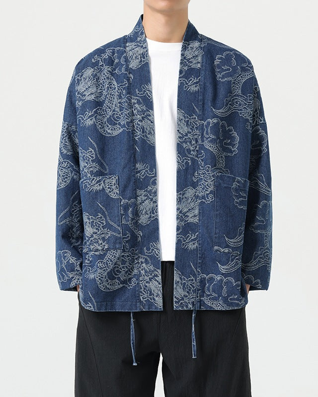Shop the Highland Cloud & Dragon Haori Jacket by Teddy Blaze. Loose-fit 100% cotton open-front kimono jacket with dragon artwork and wrinkle-free finish.