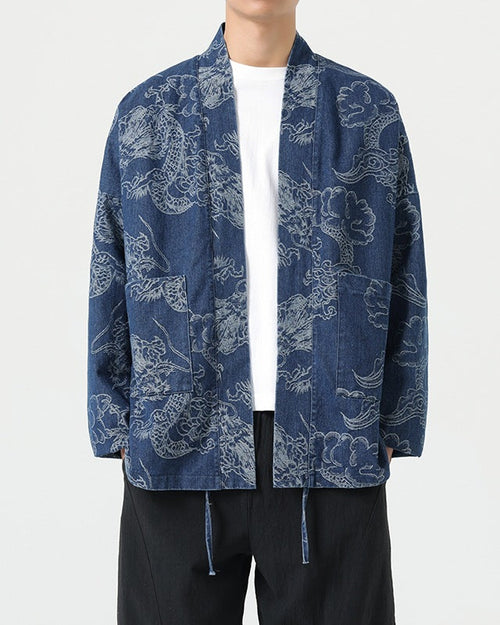 Shop the Highland Cloud & Dragon Haori Jacket by Teddy Blaze. Loose-fit 100% cotton open-front kimono jacket with dragon artwork and wrinkle-free finish.