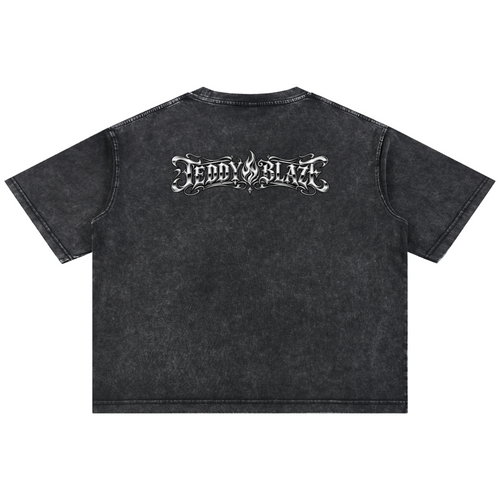 Shop the Fuego Cruz Mineral Washed Cotton Tee by Teddy Blaze. Heavyweight 275 gsm snow-wash cotton t-shirt with the DaCruz front crest and upper back gothic logo.