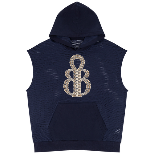 A navy blue sleeveless mesh hoodie featuring a large, ornate gold and silver graphic emblem on the chest, displayed against a solid white background.